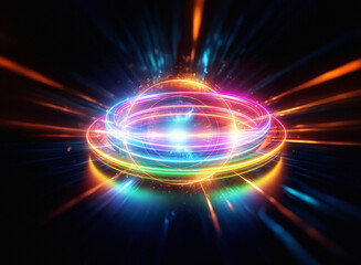Obraz premium Abstract sci-fi double exposure artwork. Vibrant, glowing rings and energy bursts radiate from a central point against a dark background. The image evokes a sense of speed and cosmic power.