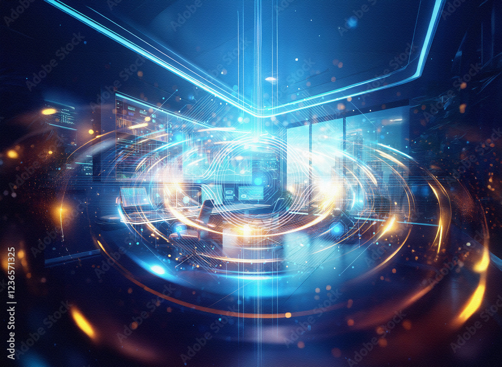 Poster Abstract sci-fi double exposure image.  A futuristic office interior is overlaid with glowing circular and linear light effects against a dark background.
