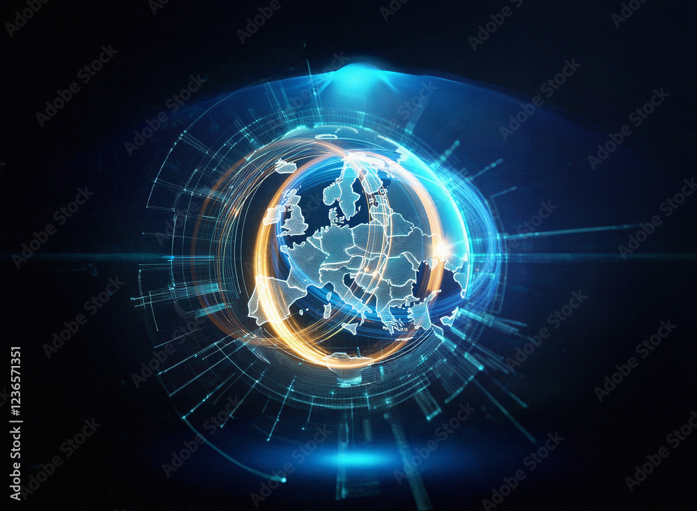 Poster abstract sci-fi double exposure image of a glowing earth, encircled by futuristic rings against a da