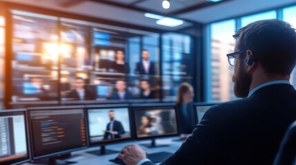 Fototapeta premium Focused Professional Managing Multiple Monitors in Modern Office