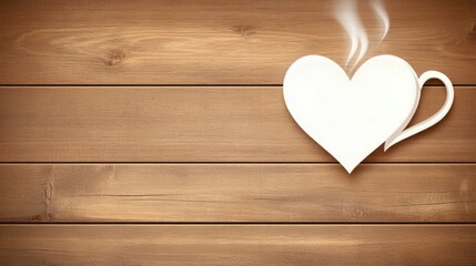 Fototapeta premium White heart-shaped cup with steam on wooden table background, perfect for cozy moments, romance, or coffee-themed designs and greetings