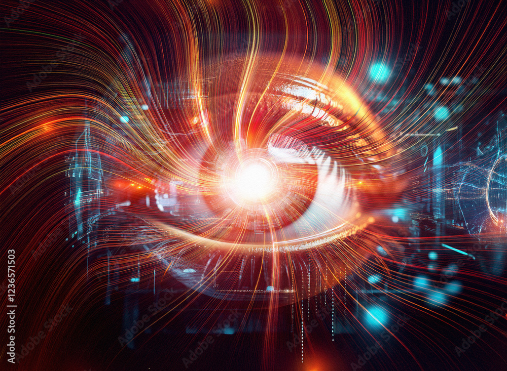 Poster abstract sci-fi double exposure image. a vibrant eye is the focal point, surrounded by swirling ener