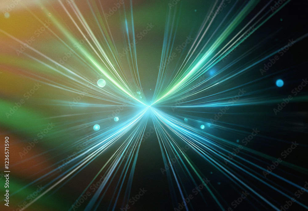 Poster Abstract sci-fi background featuring a double exposure effect.  Bright, glowing lines radiate from a central point, creating a dynamic, energetic composition.  Light streaks and bokeh add depth.