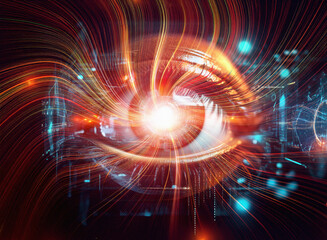 Fototapeta premium Abstract sci-fi double exposure image. A vibrant eye is the focal point, surrounded by swirling energy and digital data streams against a dark background.