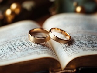 Golden wedding rings resting on an open book with vintage pages during a romantic setting indoors