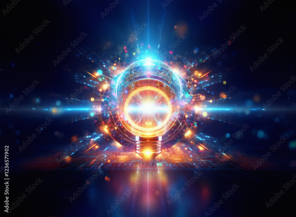 Poster abstract sci-fi double exposure image of a glowing lightbulb, radiating energy against a dark backgr
