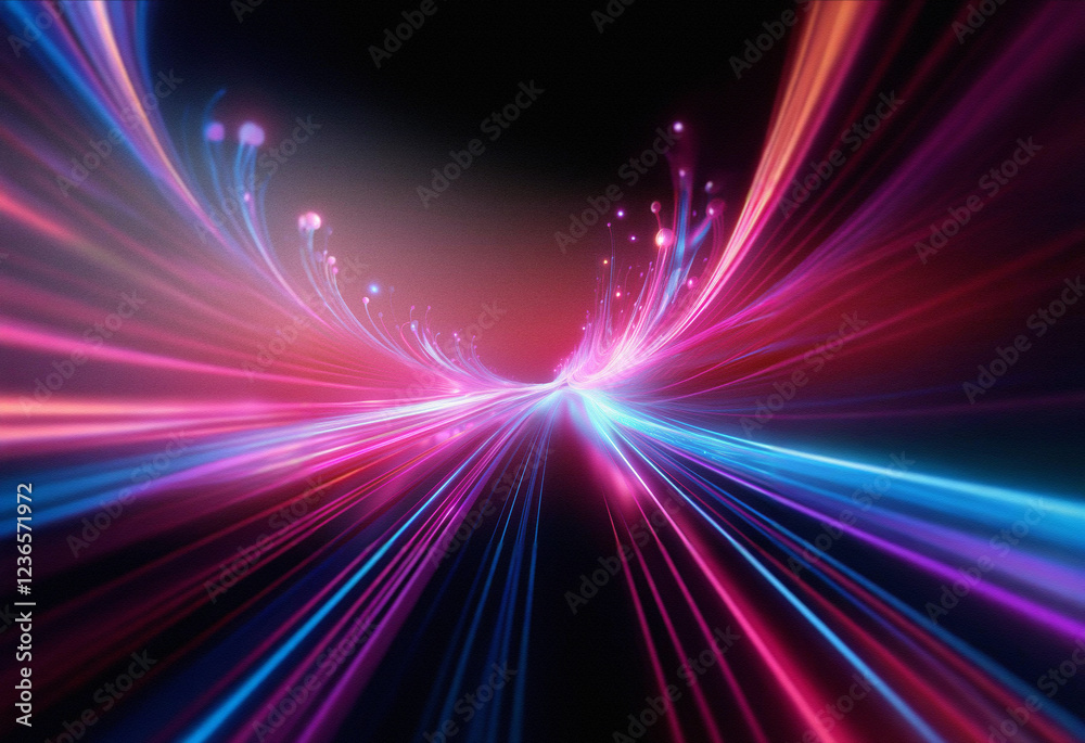 Poster abstract sci-fi double exposure image. a vibrant, colorful light trail streaks across a dark backgro