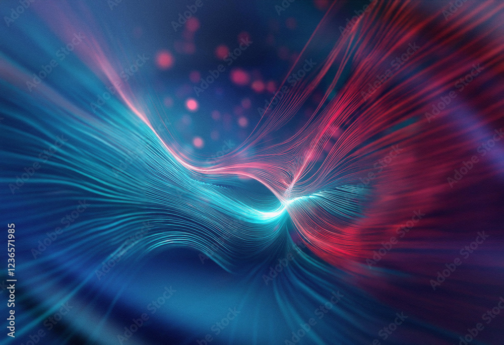 Poster abstract sci-fi background featuring a double exposure effect. intertwined blue and red energy strea