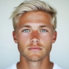 Fototapeta premium Young man with light blonde hair and striking blue eyes poses against a neutral background, showcasing confidence and youthfulness during a summer day
