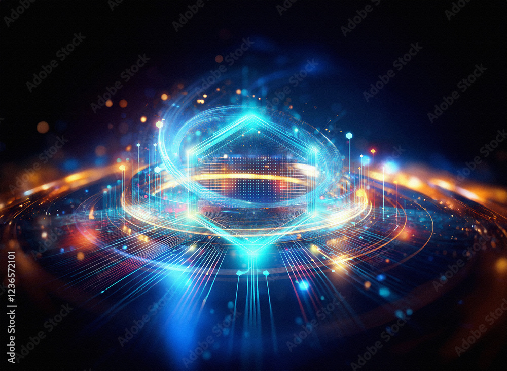 Poster Abstract sci-fi double exposure background. Glowing energy swirls and lines create a futuristic, dynamic scene.