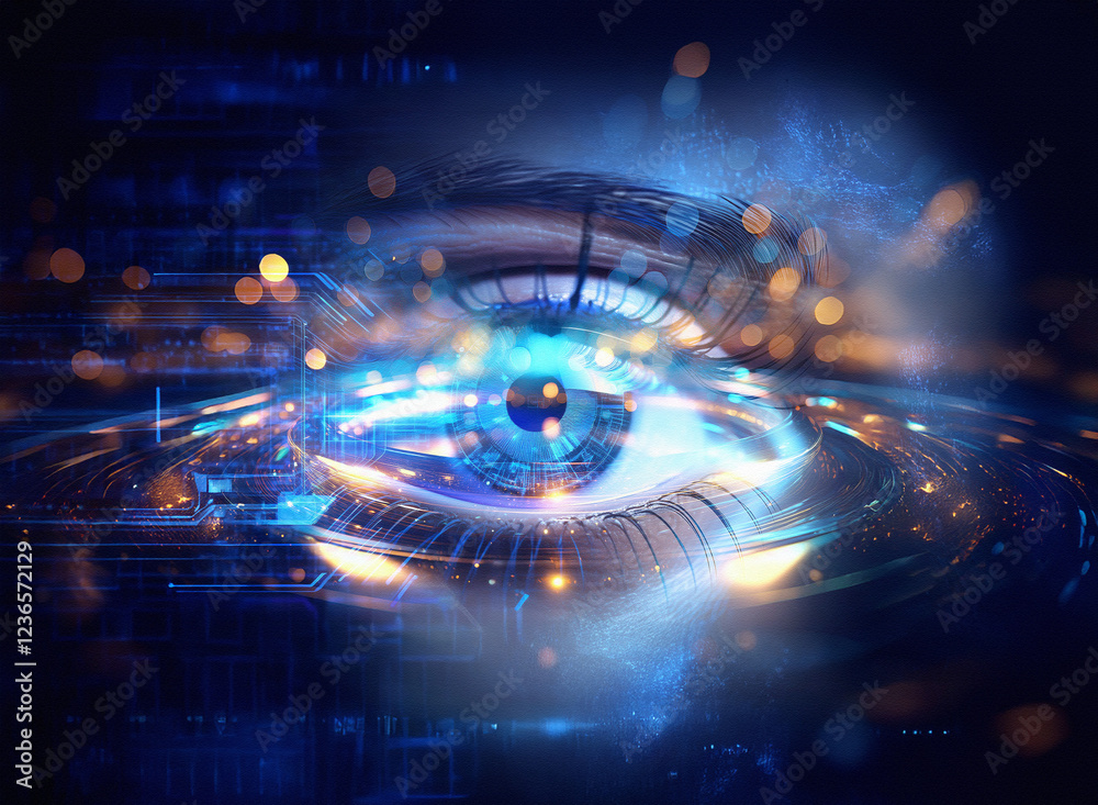 Poster Abstract sci-fi double exposure image of a glowing eye, set against a dark, swirling background of digital data streams and bokeh lights.