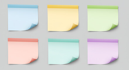 Fototapeta premium Blank sticky notes with curls on edges. Vector isolated flat stationery for office or school, copy space on clean piece of page. Colorful templates for writing and leaving ideas. Curly corners