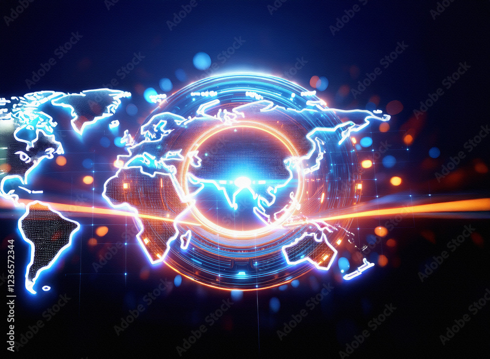 Poster abstract sci-fi double exposure image featuring a glowing world map encircled by a vibrant ring, set