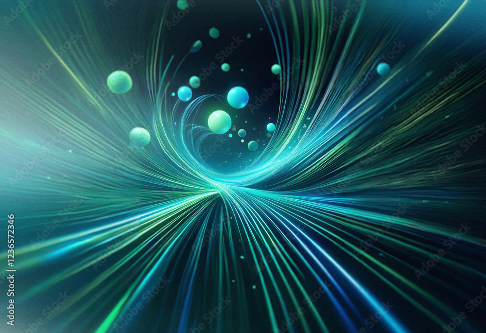 Fototapete Abstract sci-fi double exposure image. Glowing teal and green lines converge creating a vortex effect against a dark background, with floating spheres adding depth.