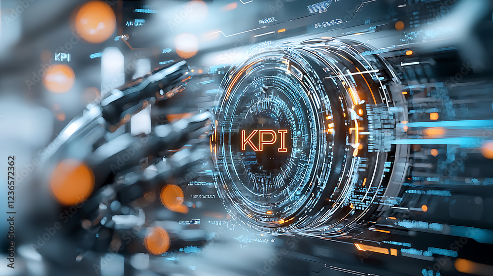 Poster analyzing key performance indicators in a futuristic digital interface virtual space technology clos