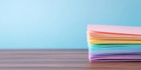 Colorful Paper Stack on Wooden Table with Blue Background