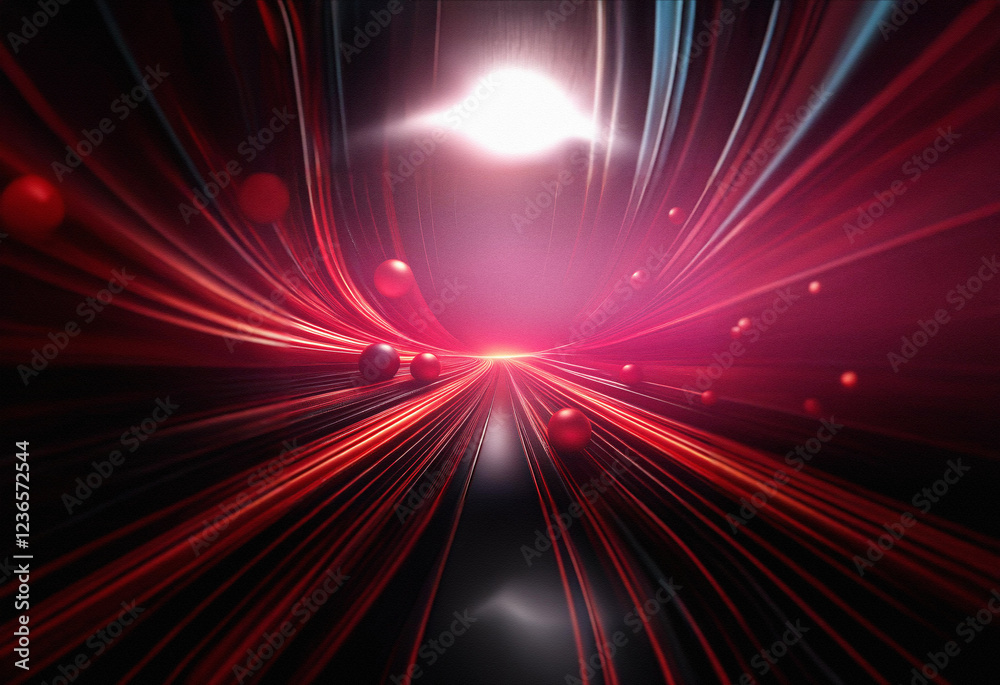 Leinwandbilder Abstract sci-fi double exposure image.  Red and black streaks create a dynamic, tunnel-like background with glowing spheres.  A bright light source is visible at the end of the tunnel.
