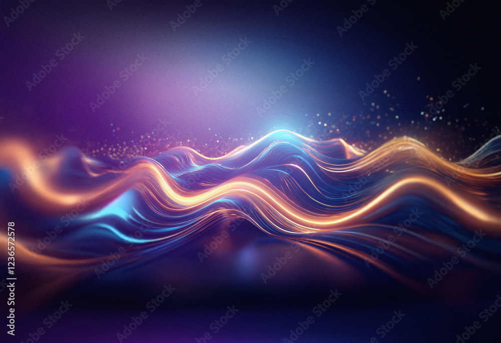 Poster abstract sci-fi background featuring a double exposure effect. glowing, wavy lines of blue and orang