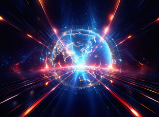 Obraz premium Abstract sci-fi double exposure image of a glowing Earth, surrounded by vibrant energy streams and a dark, cosmic background. Light streaks radiate outwards, creating a sense of speed and movement.
