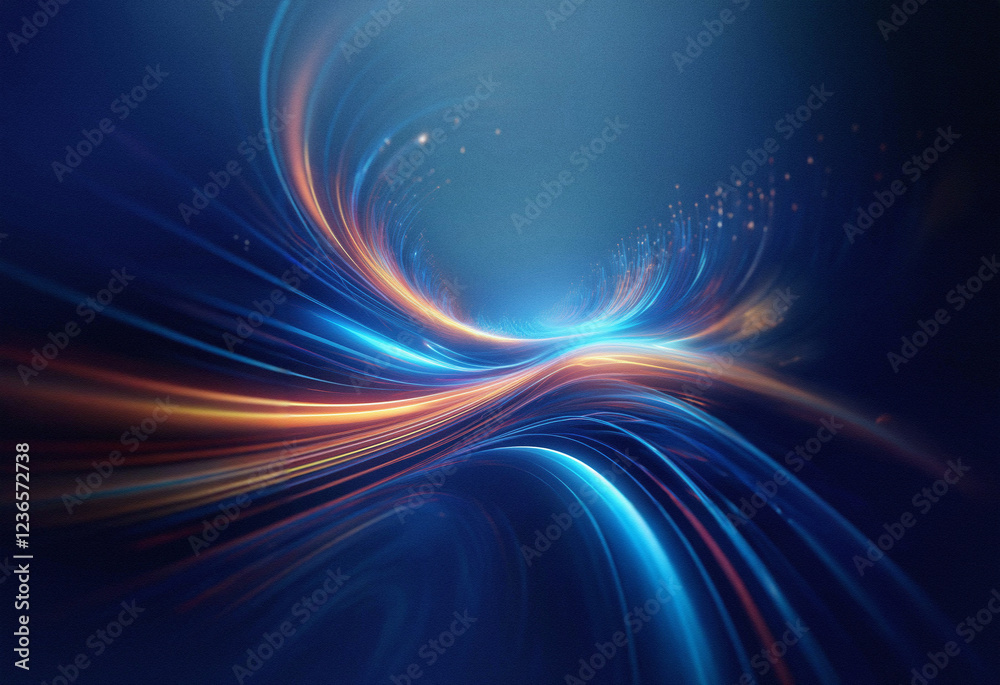Poster abstract sci-fi background featuring a double exposure effect. glowing, swirling lines of blue, oran