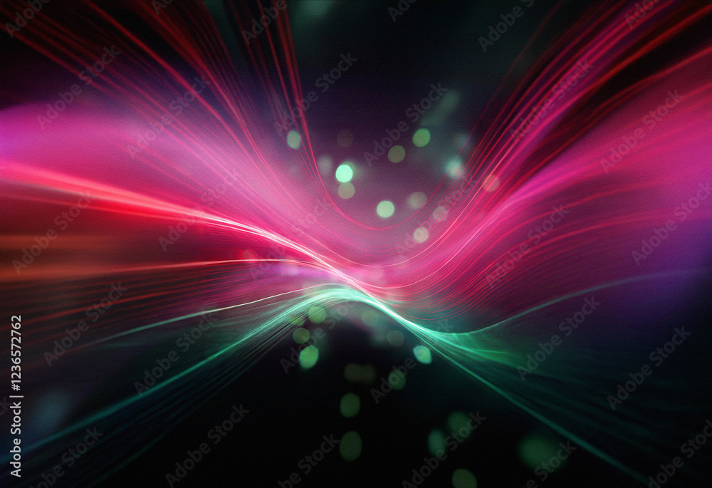 Poster Abstract sci-fi background featuring a double exposure effect. Vivid pink and teal light streaks curve across a dark backdrop, interspersed with bokeh.