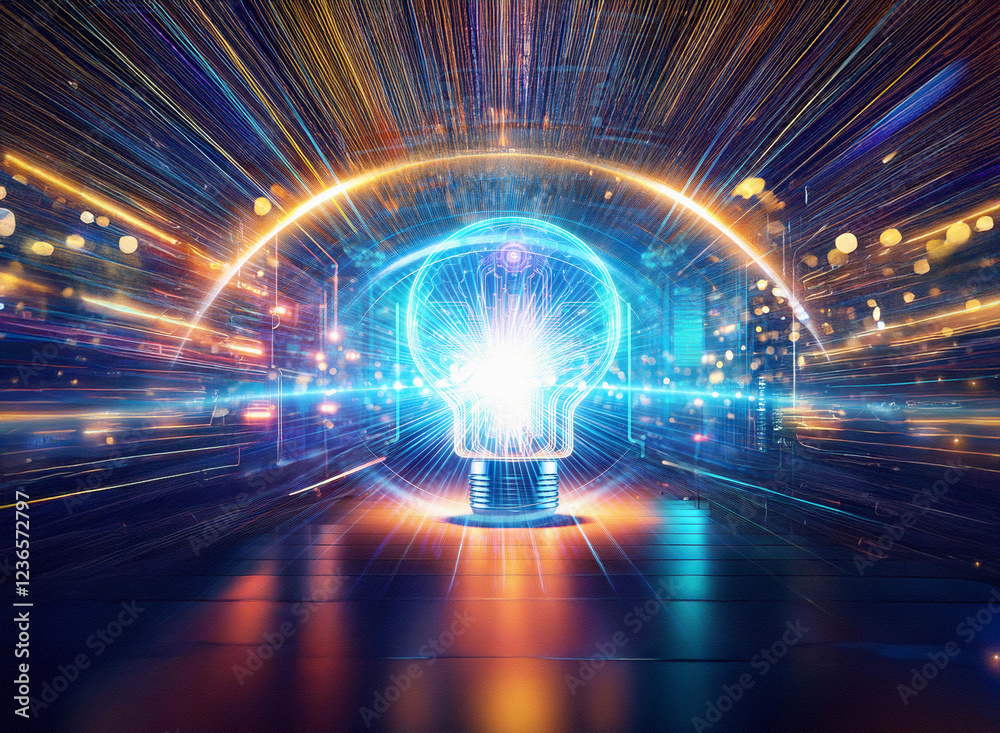 Poster Abstract sci-fi double exposure image. Glowing lightbulb at center, surrounded by dynamic streaks of light and a futuristic background.