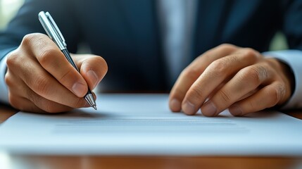 Fototapeta premium Individual signs a document with a pen on a wooden table in a professional office setting during daylight hours
