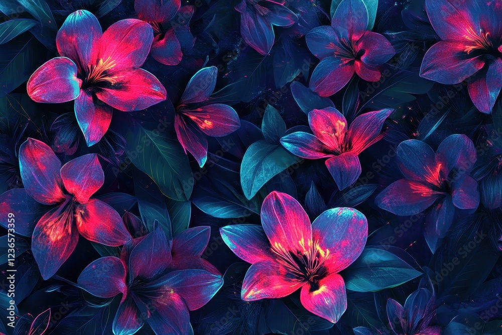 Poster colorful glowing flowers illuminated against a dark backdrop create a vibrant, futuristic atmosphere