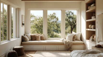 Serene reading nook with window seat and cozy textures