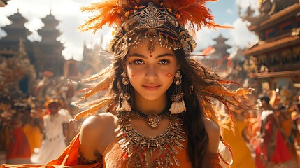 Young woman in ornate headdress and jewelry at a vibrant festival.