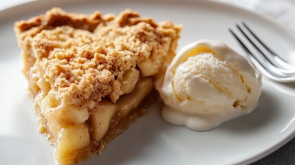 Homemade Apple Pie Slice with Crumbly Crust and Vanilla Ice Cream: Delicious and Inviting Dessert Presentation Ideal for Food Photography and Dessert Recipes Content