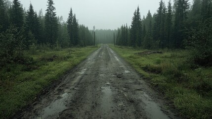 Obraz premium Rainy forest road disappearing into mist (1)