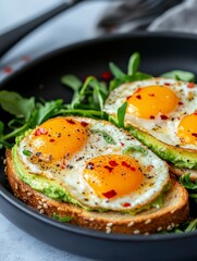 Delicious Avocado Toast with Fried Eggs and Fresh Greens on Plate