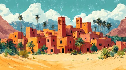 Obraz premium Orange desert village under a vibrant sky with palm trees and mountains.