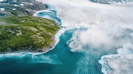Breathtaking aerial view of a glacier meeting the turquoise sea waters