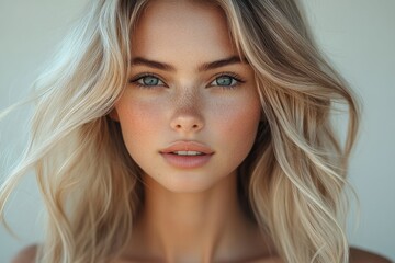 Naklejka premium Young woman with long blonde hair and striking blue eyes poses against a neutral background during a bright daytime setting