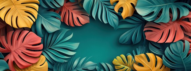Vibrant Tropical Leaves Background Teal and Orange Monstera Design