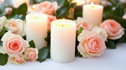 Fototapeta premium Romantic Arrangement of Candles and Roses for Elegant Decoration