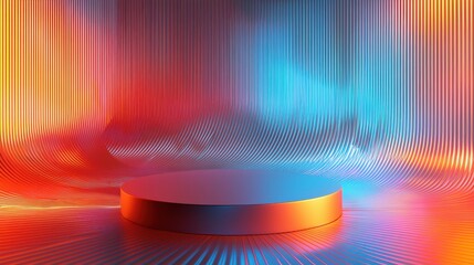 vibrant podium with colorful advertising background, featuring dynamic waves of red, blue, and orange hues, creating energetic atmosphere for presentations or events