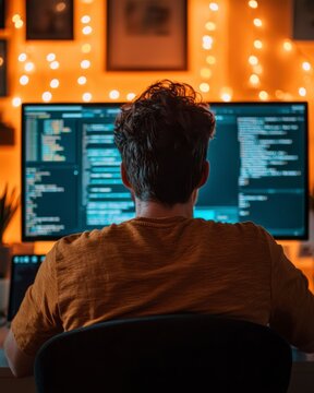 Young Programmer Engaged in Interactive Coding at Home Office