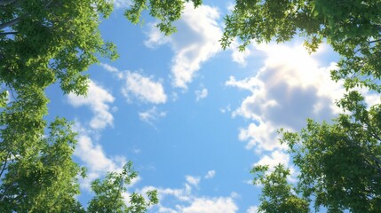 Sunlight Filtering Through Green Tree Canopy with Bright Blue Sky Background