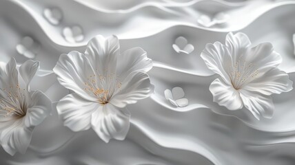 A white flower with a gold center is surrounded by other white flowers