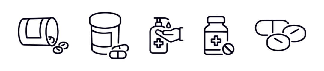 Healthcare Outline Icons Featuring Medicines and Supplies Vector Set