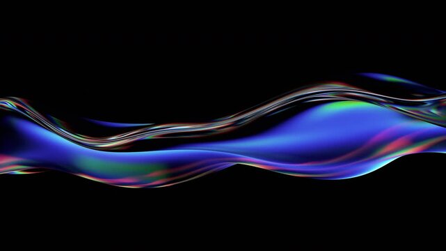 Abstract animation, iridescent wavy shape on black background, 4k looping video, 3d render