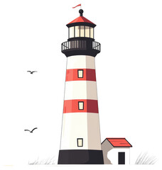 Tall Lighthouse with Red Stripes and Small House
