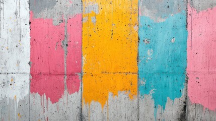 Textured concrete wall with vibrant paint splashes in pink, yellow, and blue, creating artistic and colorful urban backdrop