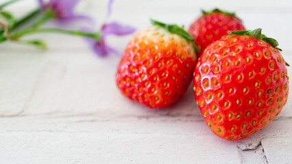 白い背景に新鮮な赤いイチゴと花