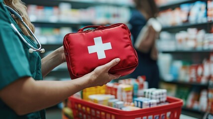 Healthcare Professional Holding First Aid Kit in Pharmacy Surrounded by Medicine and Health Products