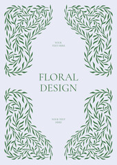 Decorative floral frame with swirling green leaves. Intricate botanical ornament. Elegant symmetrical layout. Vector illustration.