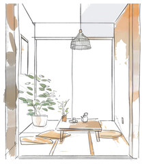 Watercolor Sketch of a Serene Minimalist Japanese Room